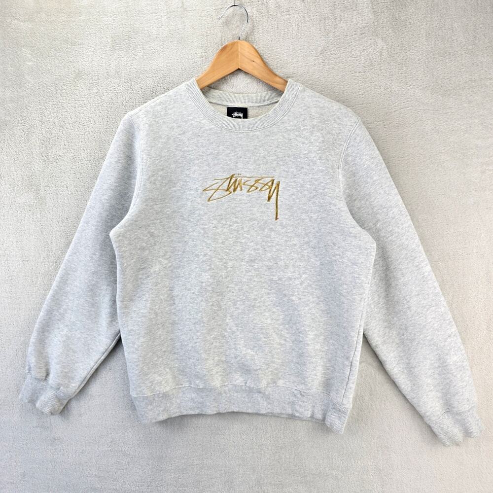 Stussy Crewneck Sweatshirt Mens Small Gray Embroidered Gold Spellout Logo
